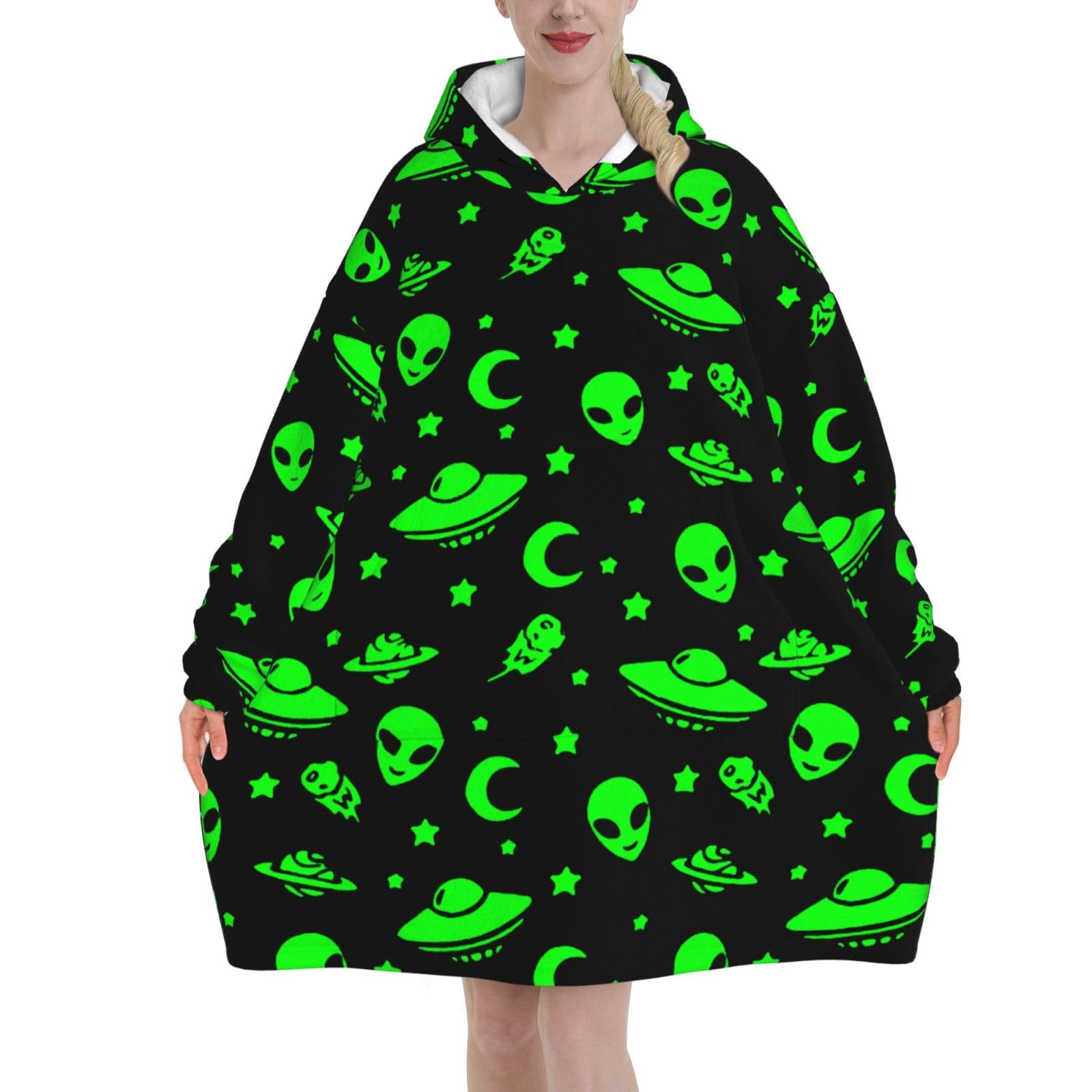 Oversized Adult Long Sleeve Flannel Hoodie Blanket Alien Spaceships Planet Green Soft Fuzzy Hooded Sweatshirt Lounging Pullover
