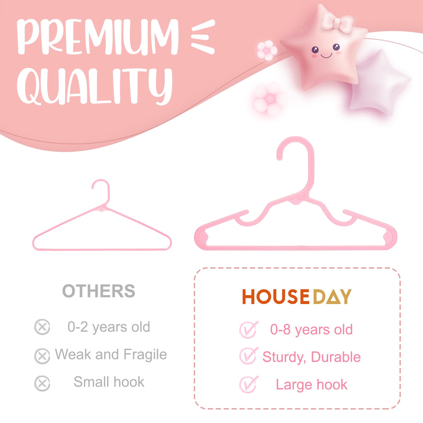 HOUSE DAY Perchas de plástico para armario de bebé, paquete de 60, perchas de plástico duraderas para ropa de bebé, perchas delgadas y compactas para niños, perchas de bebé rosas que ahorran espacio,