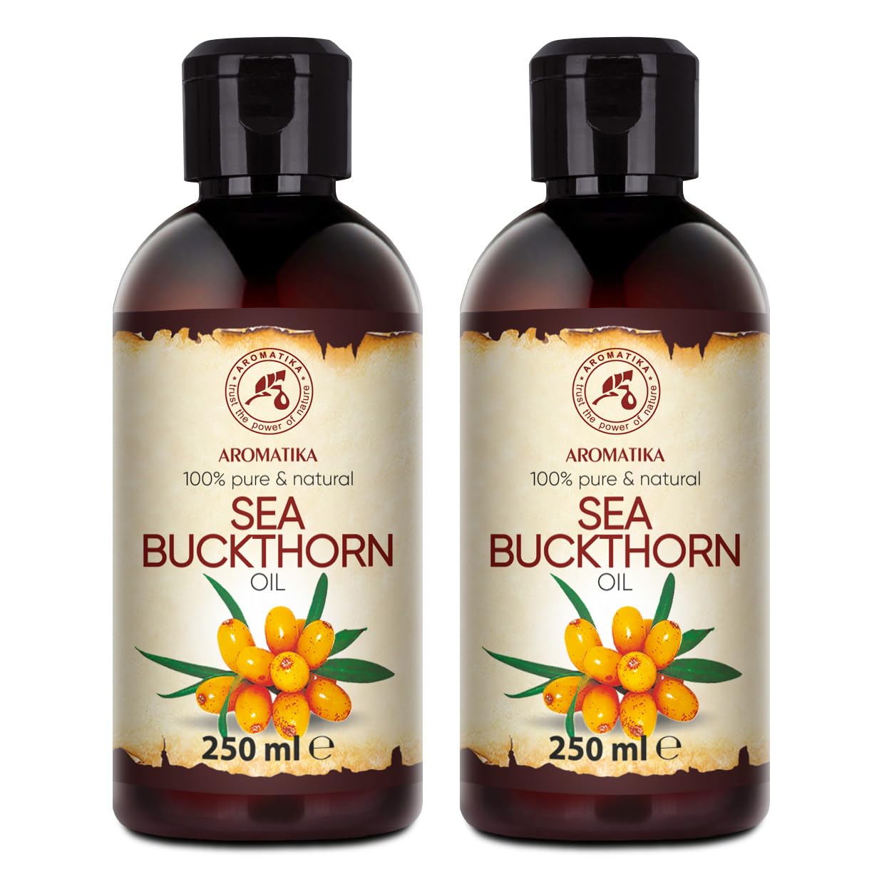 Sea Buckthorn Oil Set 2x250ml - 100% Pure & Natural - Cold Pressed - Unrefined - Hippophae Rhamnoides Oil - Cosmetic Oil for Hair - Face - Body - Aromatherapy - Relaxation - Massage - Spa