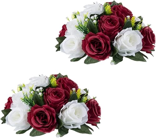 Centros de mesa de flores para mesas de boda decoraciones de mesa de boda, bolas de flores burdeos y blancas centros de mesa para compromiso,