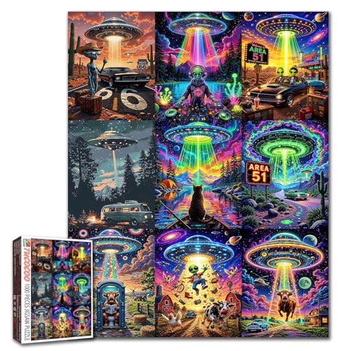 UFO Alien Puzzle 1000 Teile für Erwachsene, farbenfrohes fliegendes und Area 51-Puzzle mit Wüstenstraßen-Landschaften und lustigen… – Ansicht 1