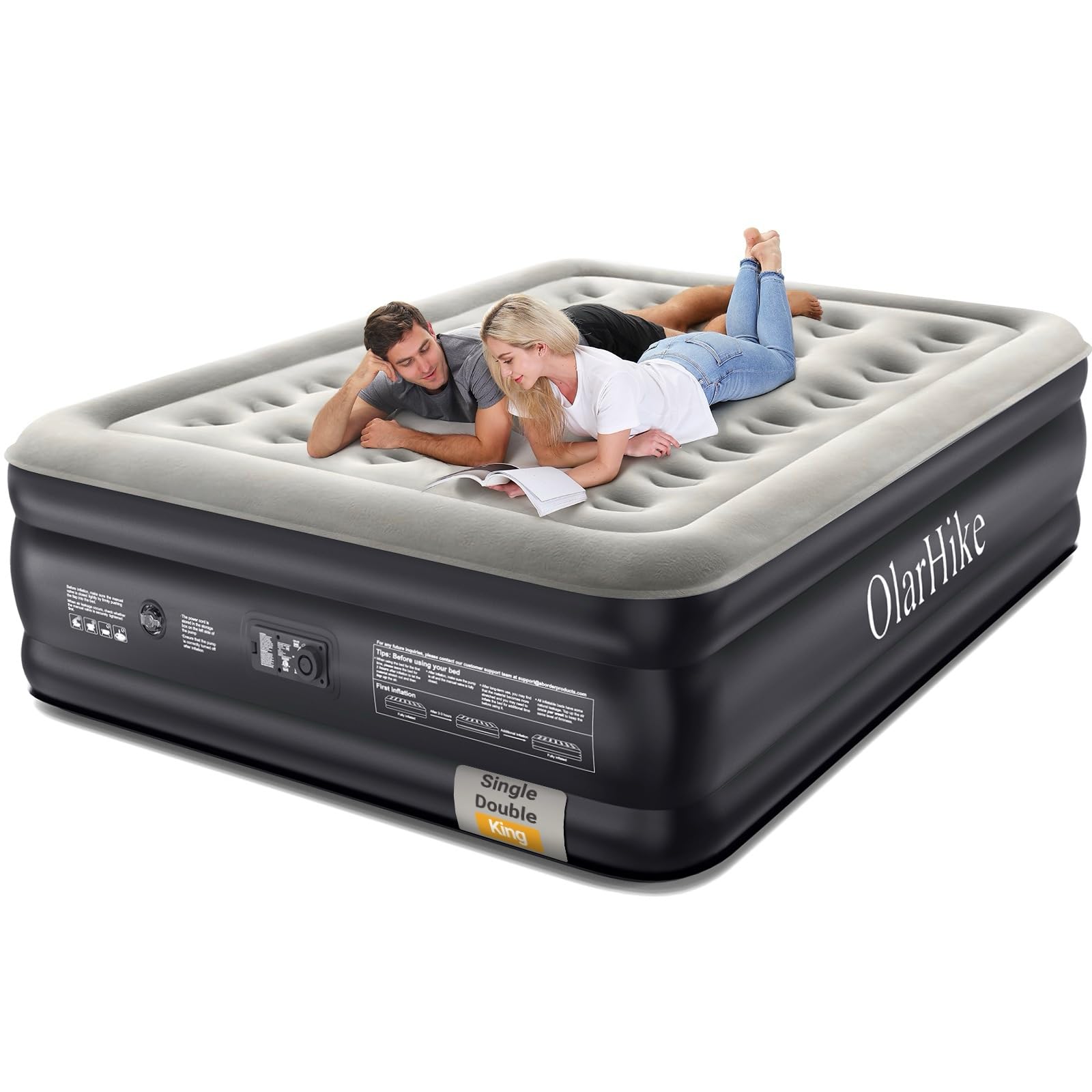 OlarHike Inflatable Mattress, Air Bed with Built-in Electric Pump, King Size Blow Up Self Inflating Guest Airbed with Flocked Surface for Camping or Home Use, 203cm L x 152cm W x 46cm H(Black)