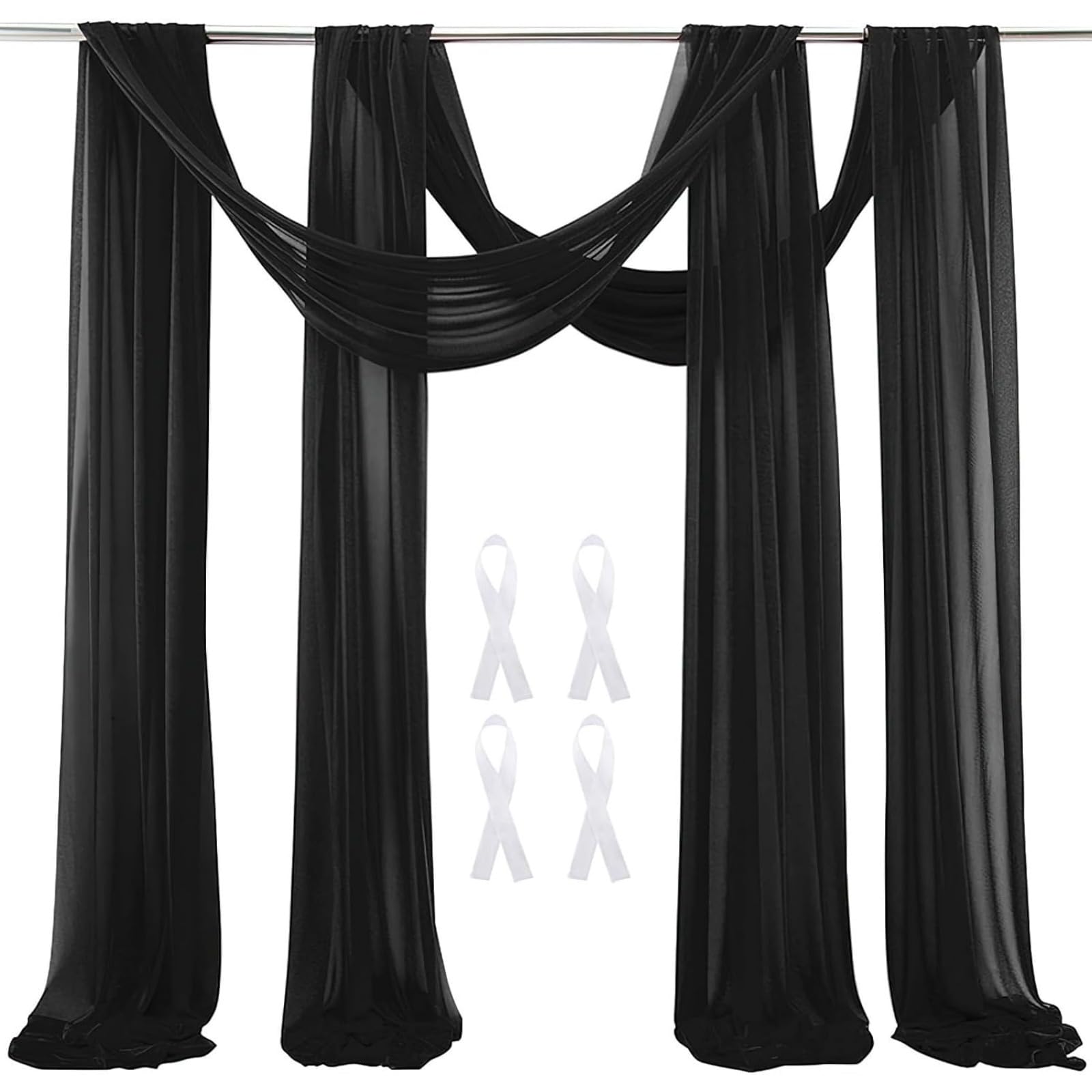 2 Panels Hochzeit Bogen Sheer Vorhänge Hintergrund, Vorhang Weiß Traubogen Hochzeit Chiffon Stoff Tüll Gardine, 600x75cm Gardinen für Laube Hochzeit Torbogen Zeremonie Fotografie Party (2pc,schwarz)