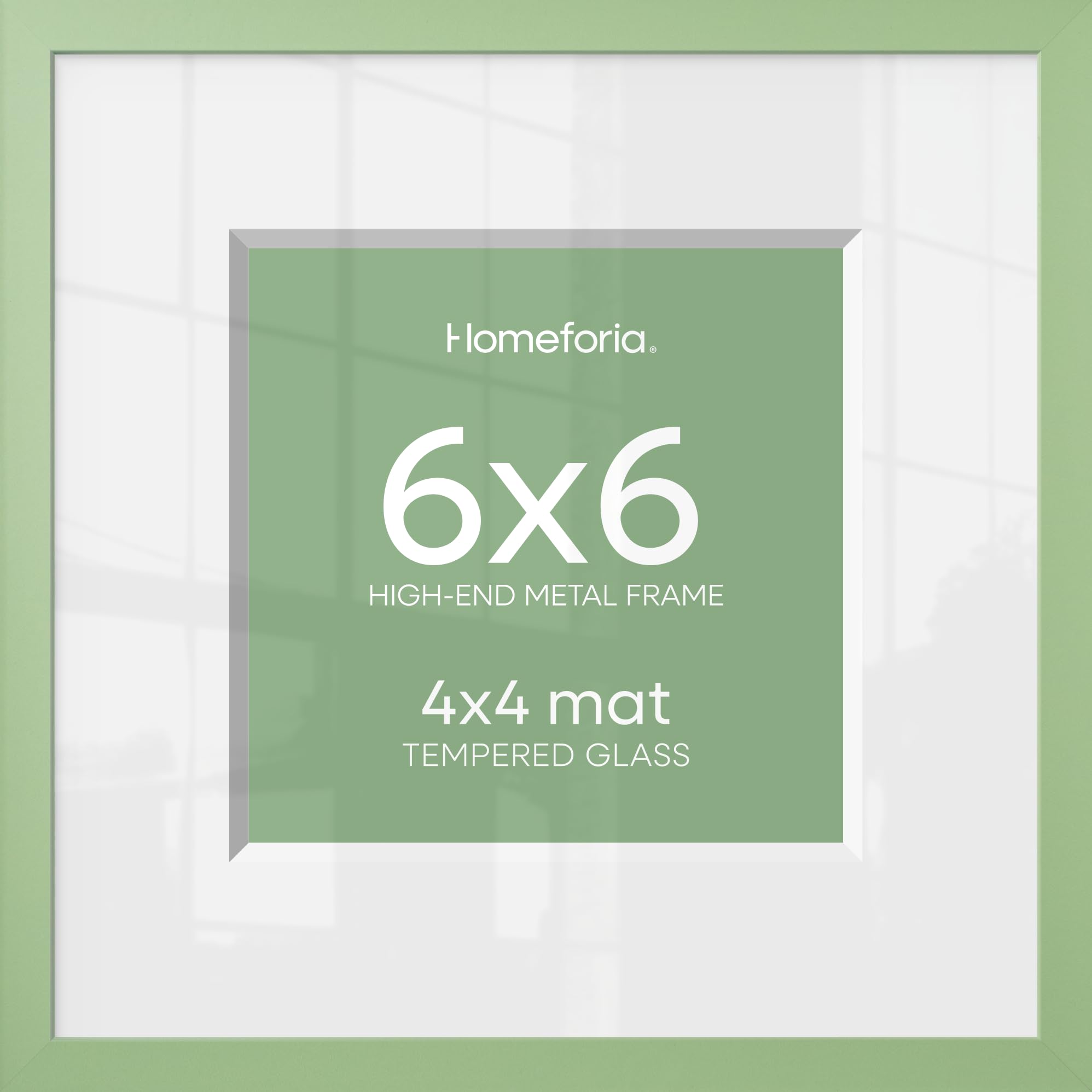 Homeforia 6x6 Green Picture Frame, High-End Metal, 4x4 Mat, Glass | High End Aluminum, Tempered Glass, Acid-Free 4x4 Removable Mat, 6x6 in Edge-to-Edge Display 6x6, Wall Kit, Set Of 2