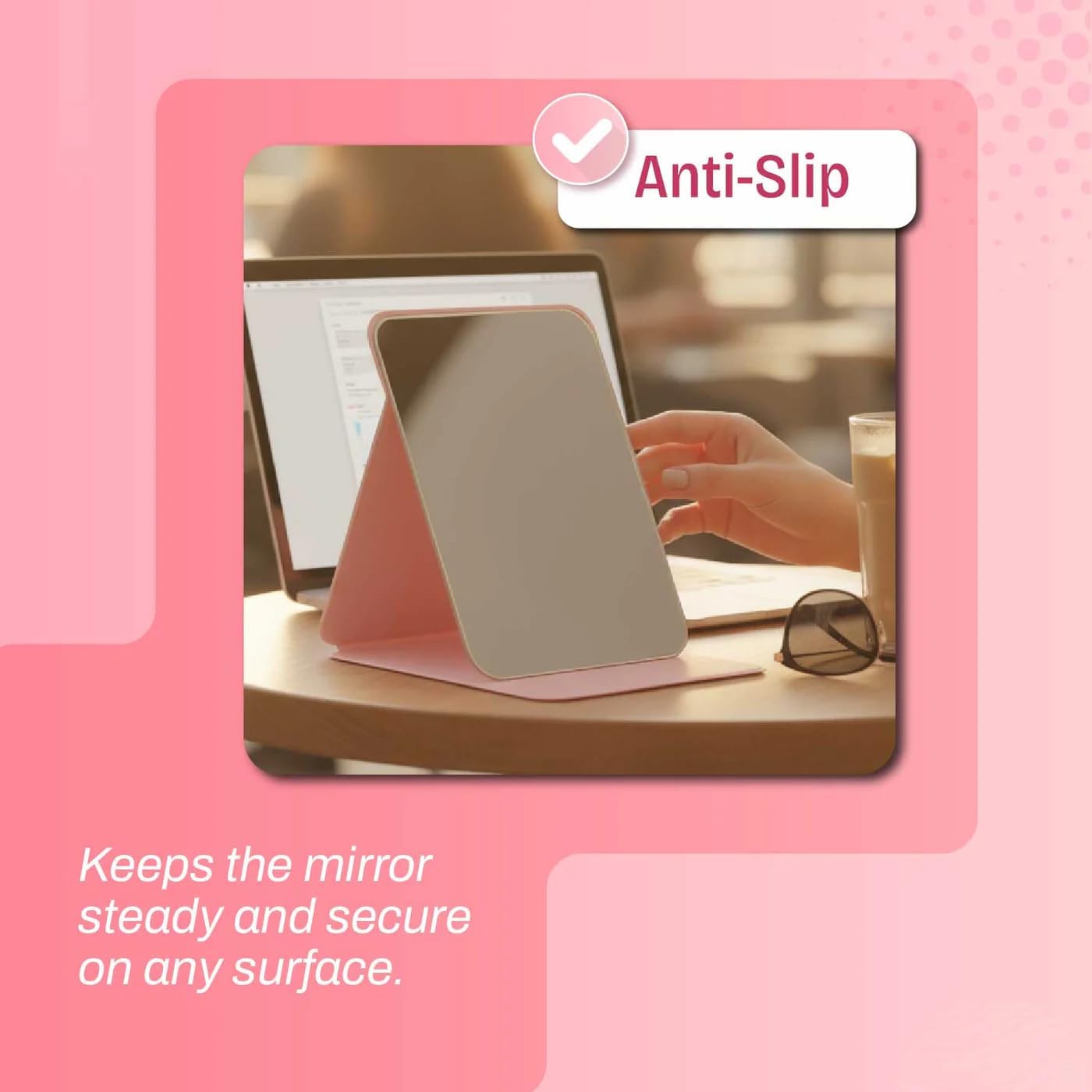 Eletree Frameless Foldable HD Glass Makeup Mirror with Adjustable Stand Tabletop Travel Vanity Mirror for Makeup, Travel, Office, Home Use 16x11cm Pink 4