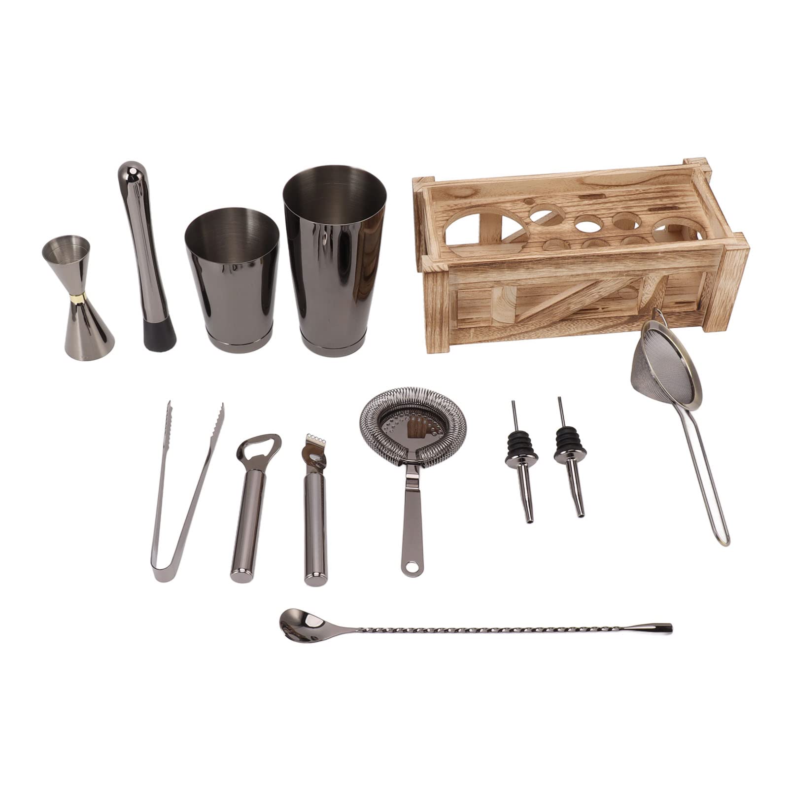 Juego de Barra de Coctelera de Acero Inoxidable con Soporte de Madera, Mezclador, Coctelera, Kit de Coctelería, Accesorios de Barman de Mixología Profesional para el Hogar, Bar Y Fiesta