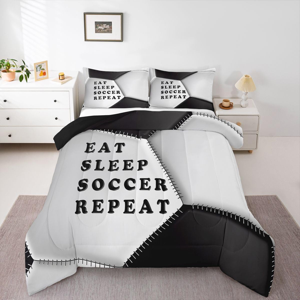 Feelyou Soccer Comforter Set Queen Size Football Bedding Set for Kids Boys Girls Eat Sleep Sports Theme Duvet Quilt Bedroom Decor Microfiber 3 Pcs with 2 Pillow Cases