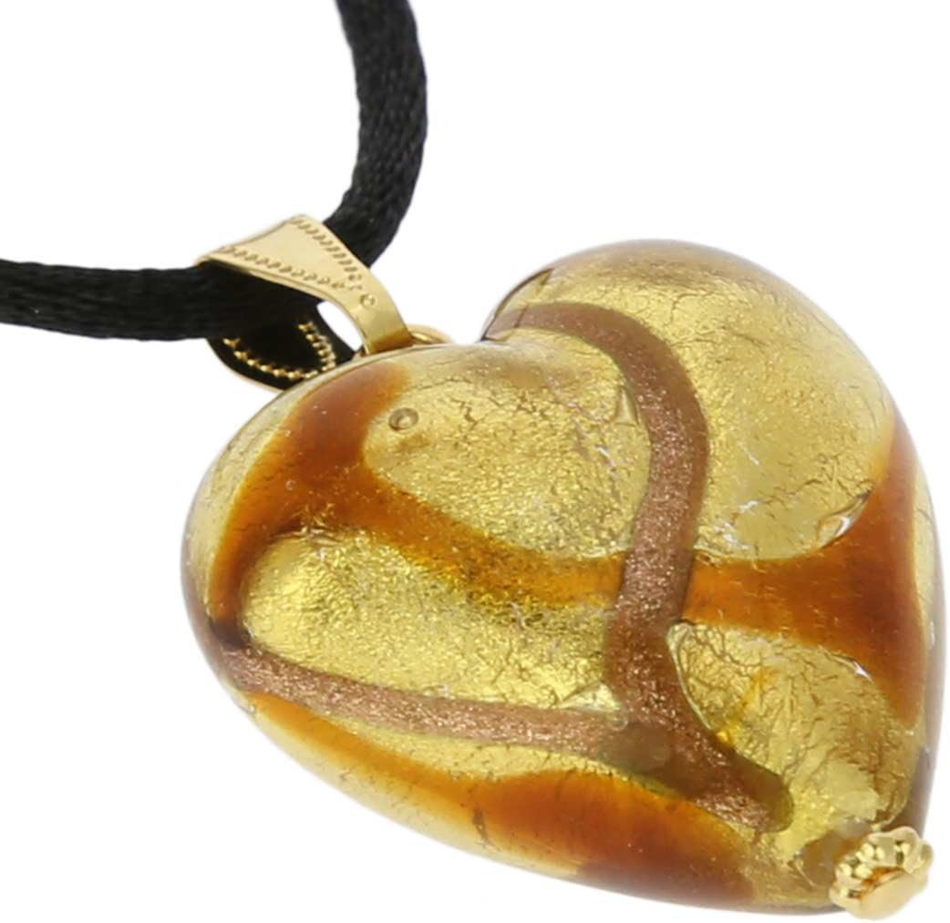 Glass Of Venice Murano Glass Heart Pendant - Topaz Waves Gold