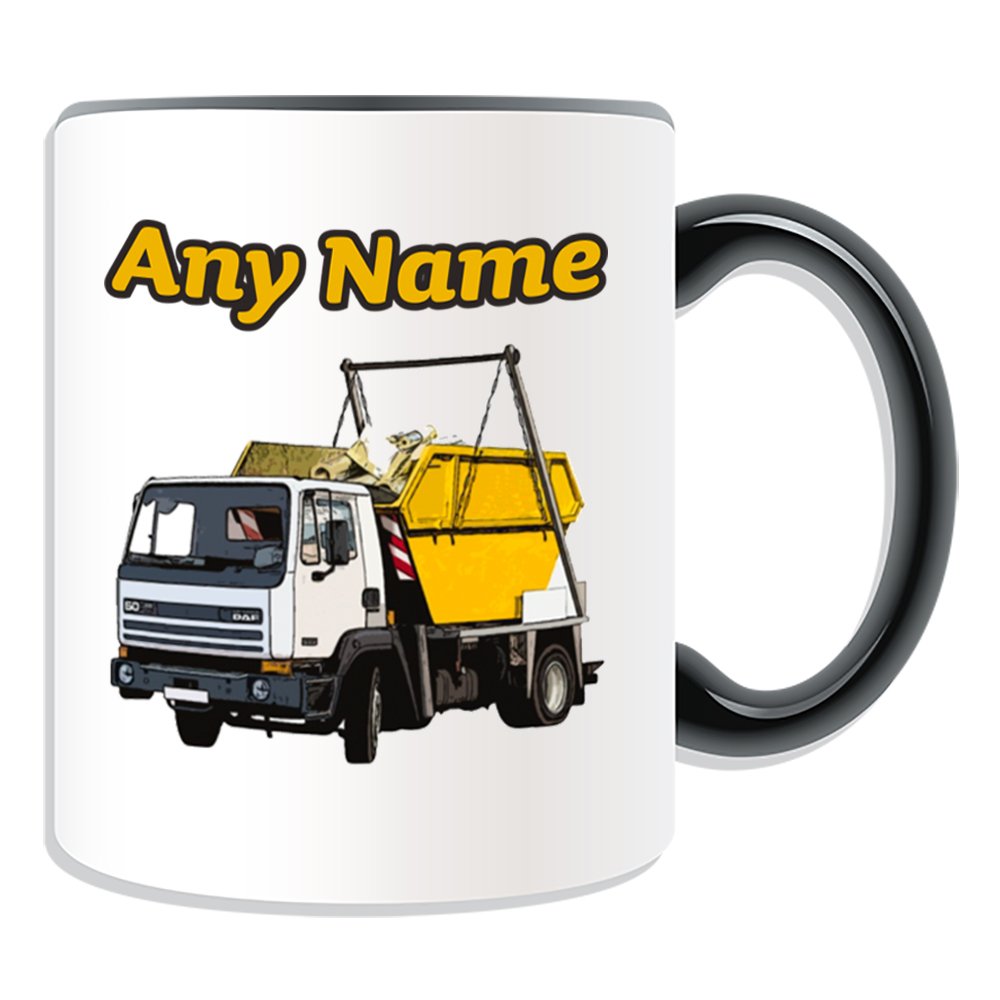 Unigift Black Personalised Gift - Skip Truck Mug (Transport Design Theme, Colour Options) - Any Name/Message On Your Unique - Hire Lorry Wagon Hgv Vehicle Automobile Driver Dumpster Waste Container Rubbish