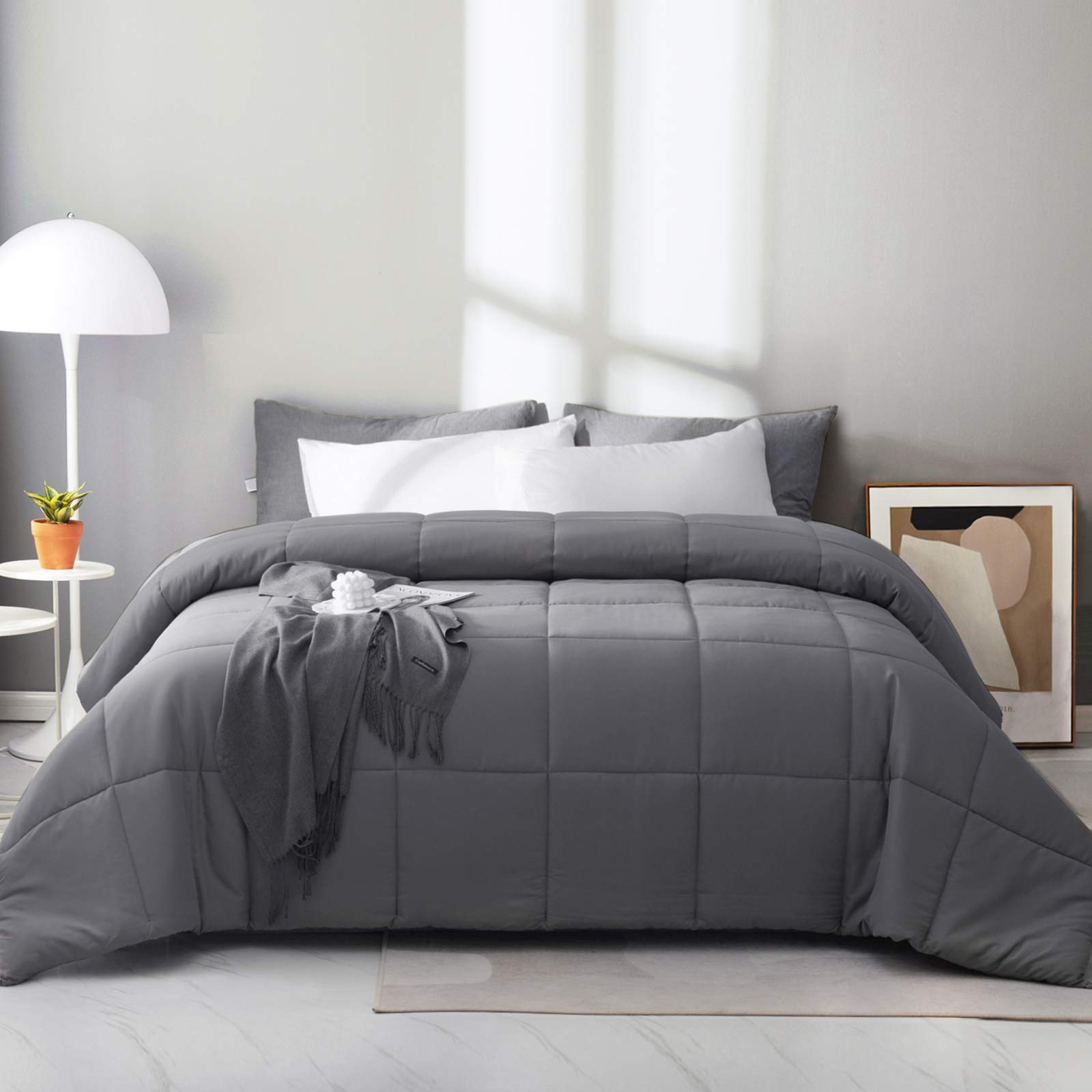 EDUJIN All Season Full Down Alternative Quilted Comforter - Soft Bed Comforter with Corner Tabs - Machine Washable - -Duvet Insert or Stand-Alone Comforter – Grey(82×86 Inch)