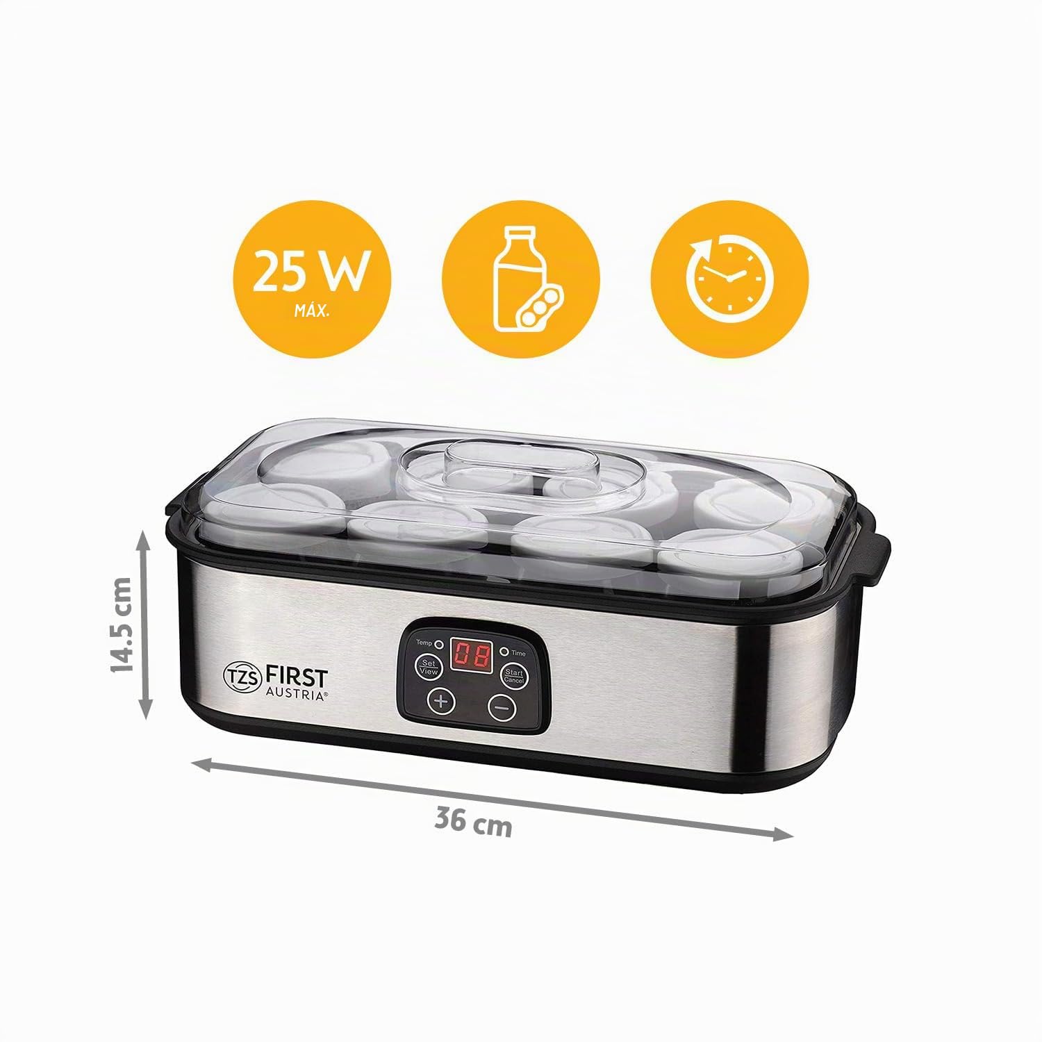 TZS First Austria - Yogurtera eléctrica 25W con 8 vasitos de vidrio de 180 ml para hasta 1,4L de yogur casero - Con temperatura de 20-55°C, apagado automático y pantalla LCD - Blanco