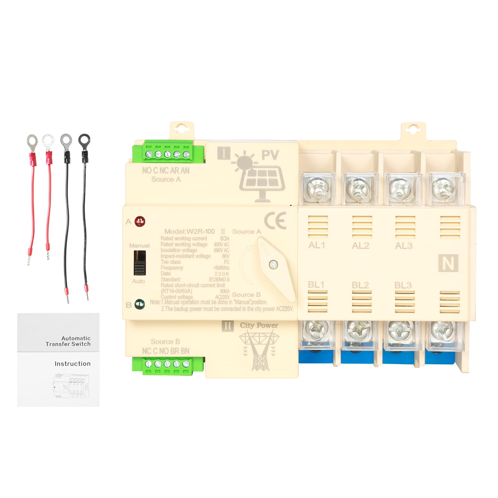 Jadeshay ATS Fotovoltaico Commutatore Automatico Doppia Alimentazione Fotovoltaico 4P 63A 220V su Guida DIN 35mm Interruttore di Trasferimento Automatico per Impianto Fotovoltaico