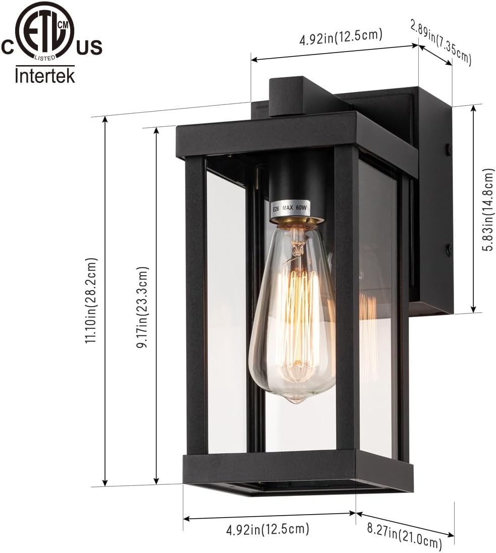mirrea 11" Classic Outdoor Wall Sconce with Built-in GFCI Outlet 1 Light in Matte Black Rectangular Metal Frame and Clear Glass Shade Waterproof Porch Light Patio Light