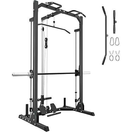 Compact Smith Machine Home Gym - 800lb Barbell Sleeve, Space-Saving Power Cage with LAT Pulldown, Power Rack 5-in-1, 1500lb Capacity for Garage & Small Spaces, P70