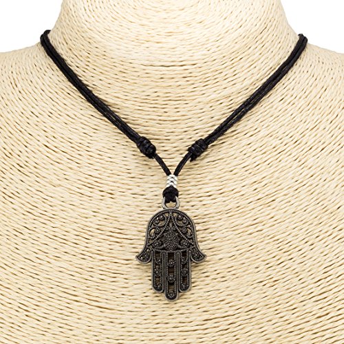 BlueRica Hamsa Hand of Fatima on Adjustable Black Cord Necklace2