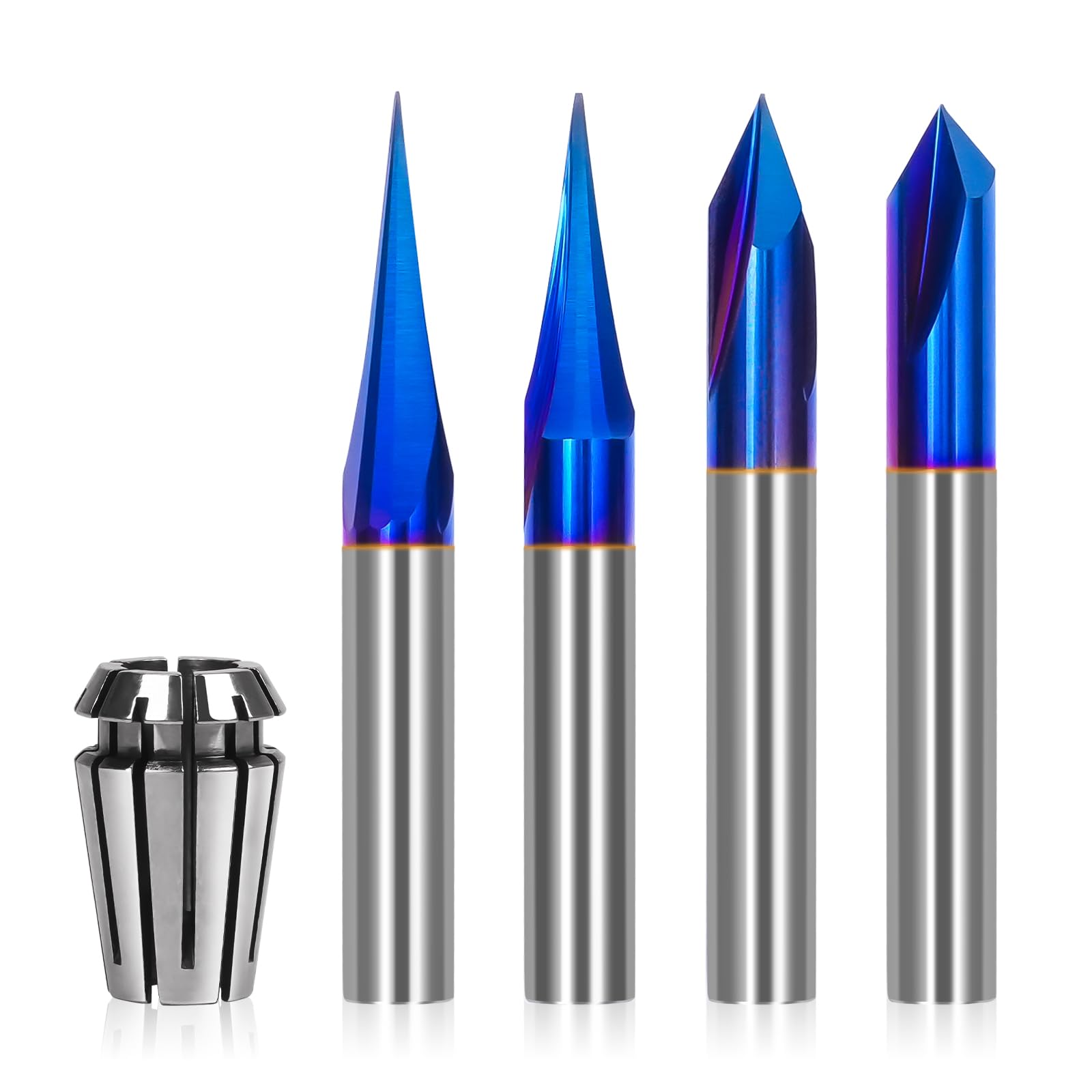 Juego de brocas CNC para tallar madera con vástago de 1/4, forro de tallado de detalles de 15° + broca de perfil de 20° + brocas de ranura en V de 60° y 90° vástago de 1/4 con revestimiento nano azul,