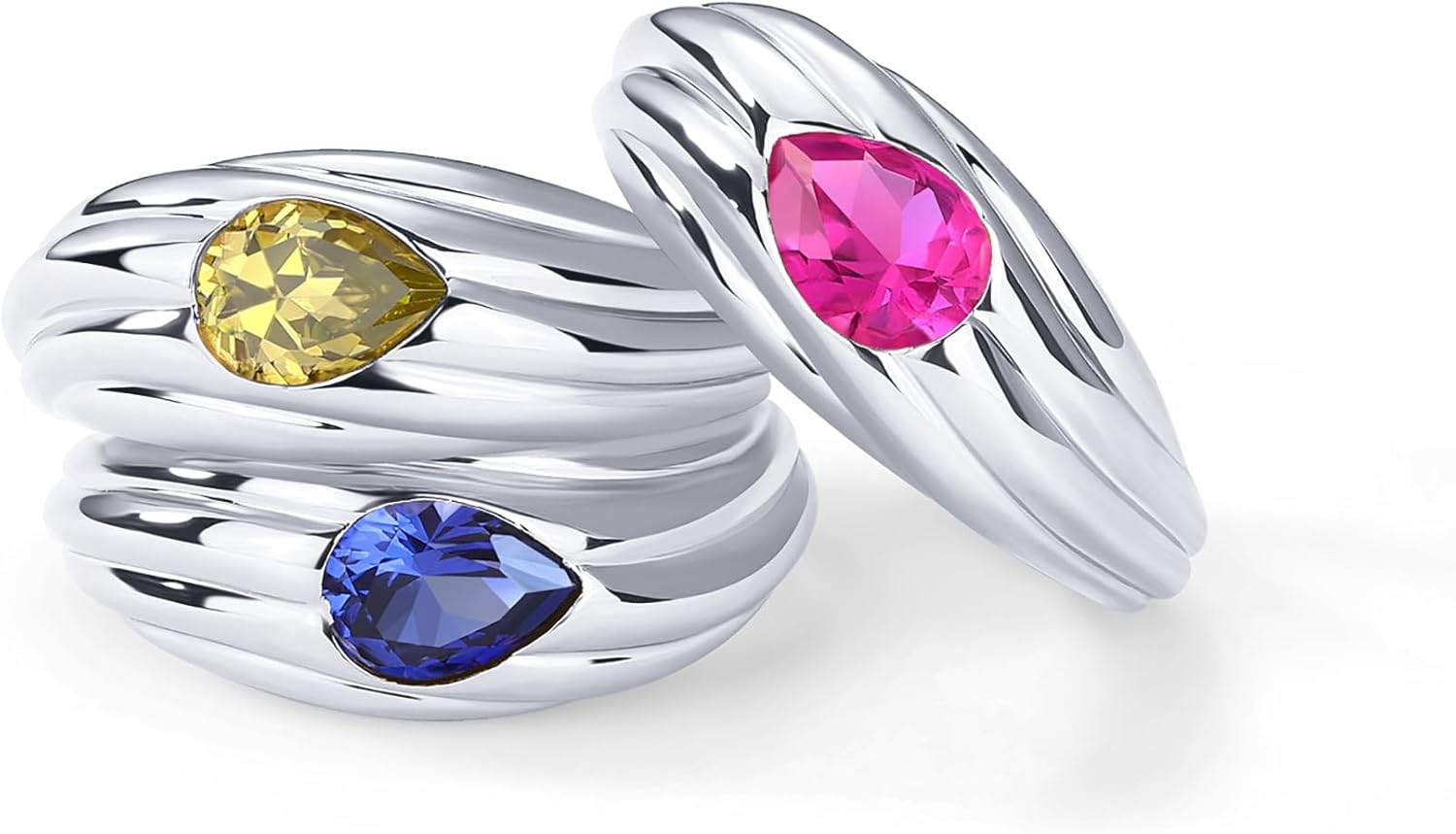 PAVOI 14K Gold Plated Chunky Colored Gemstones Statement Ring for Women | Blue Pink Green Pear Cubic Zirconia Stackable Wave Texture Bands - Image 3