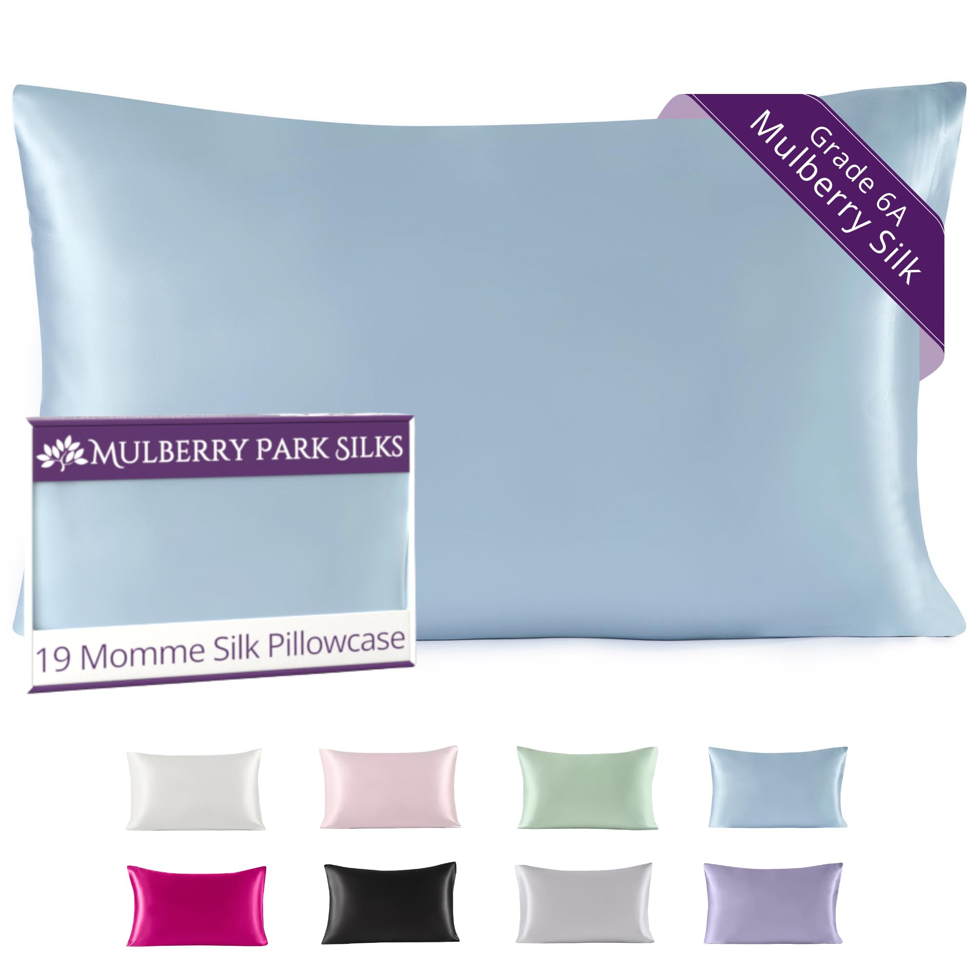 Mulberry Park 100% Silk Pillowcase - 19 Momme, Grade 6A Mulberry Silk - Deep Envelope Closure - Blue/King (20'' x 36'')