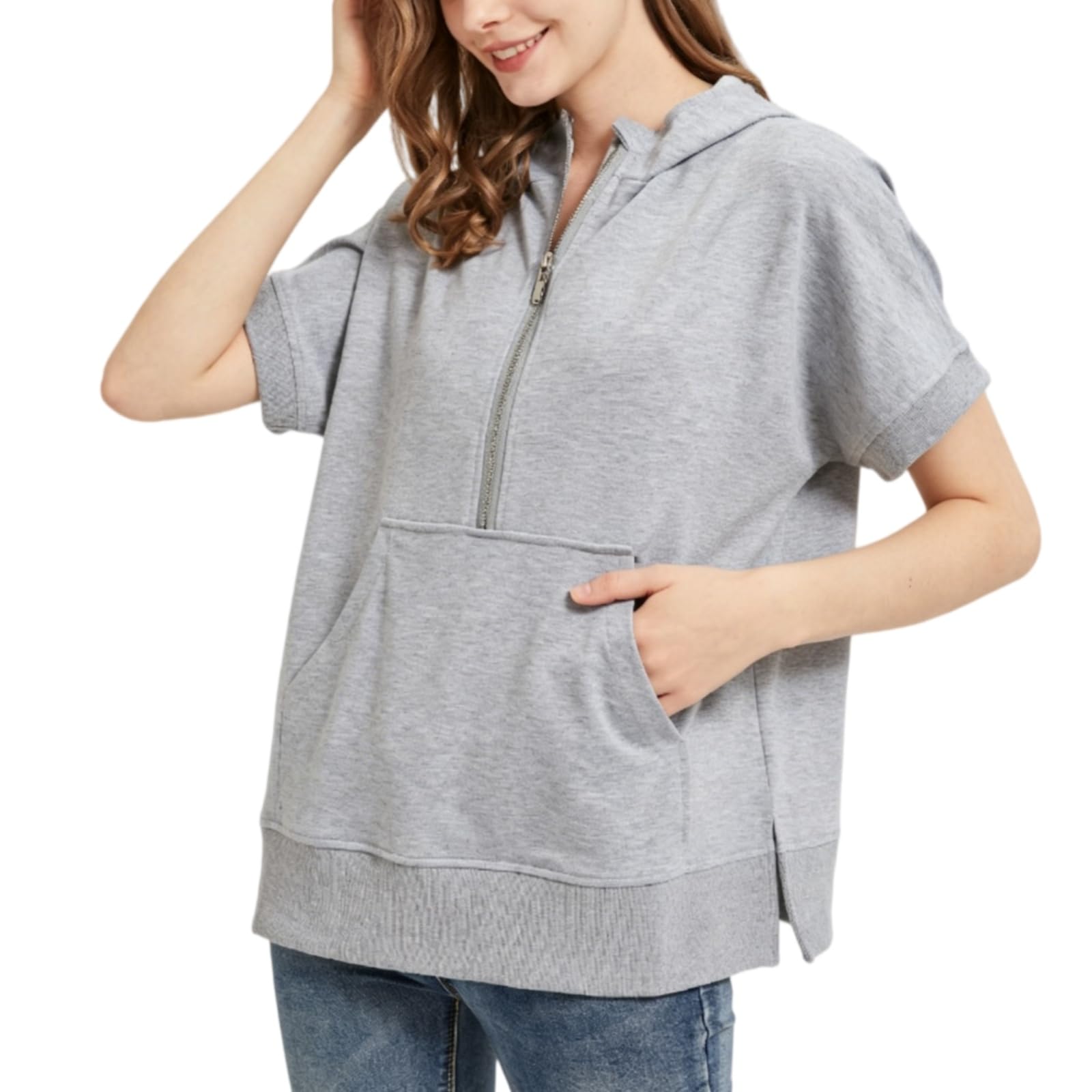 Damska bluza z kapturem z zamkiem błyskawicznym z krótkim rękawem bluza z kieszenią boczne rozcięcie bluzy moda na co dzień letnie topy