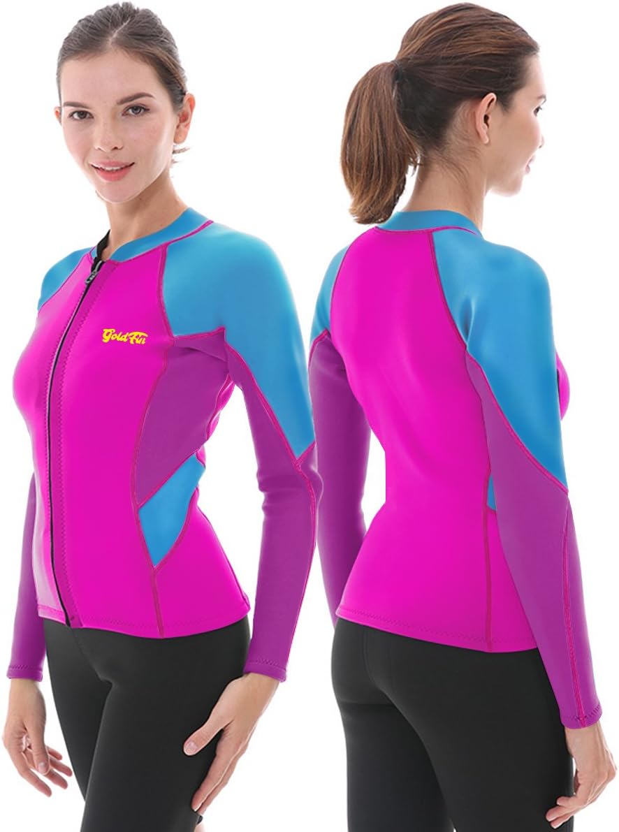GoldFin Wetsuit Tops for Women, Plus Size Wetsuit Jacket 2mm Neoprene Long Sleeve Front Zip Wetsuit Shirt for Water Aerobics Diving Surfing (Fuchsia, 4XL)