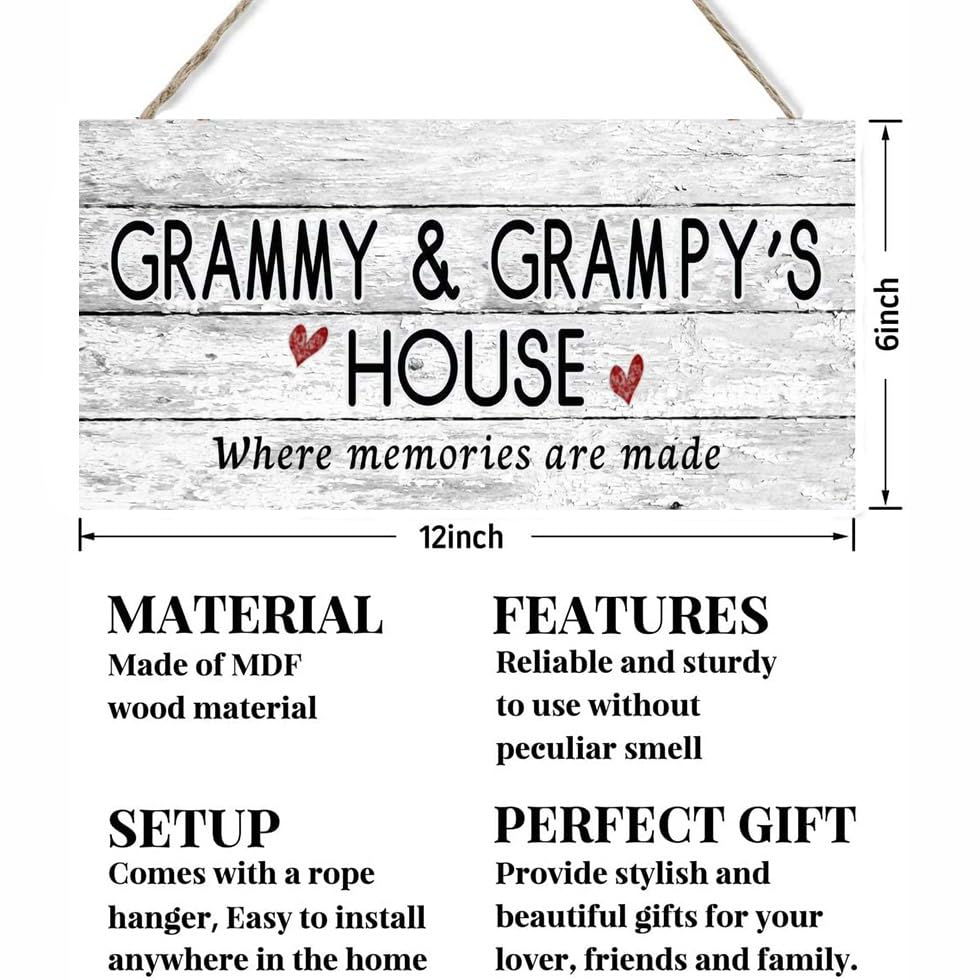 12x6 inch New Sign GRAMMY AND GRAMPY's House Sign, Where Memories Are Made, Distressed Style, Gift for Grandparents, Indoor Outdoor