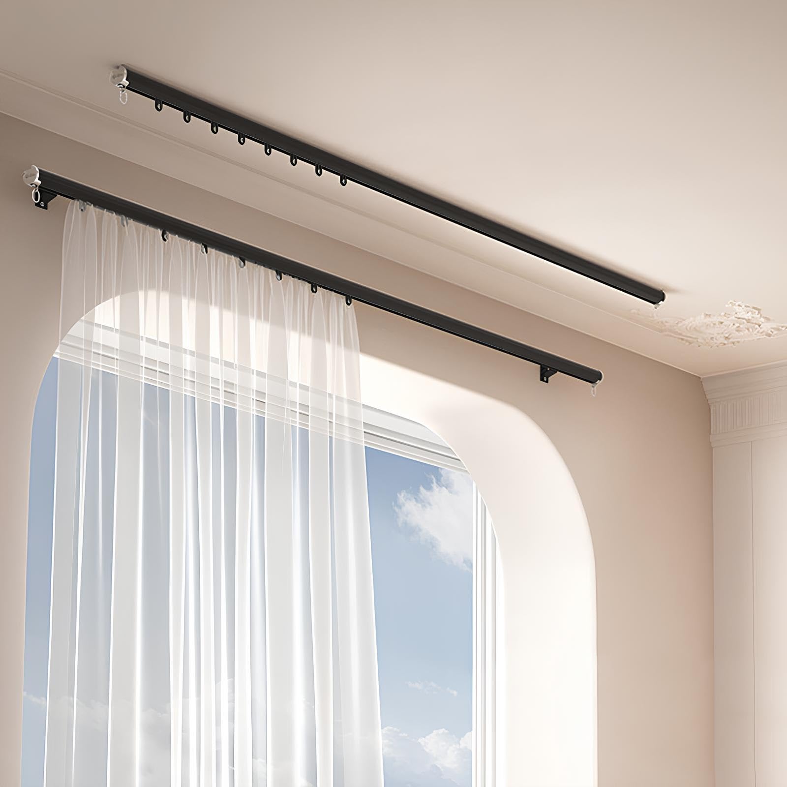Tringle à rideaux occultants pour séparer une cuisine sans travaux grâce au rail alu noir 550cm