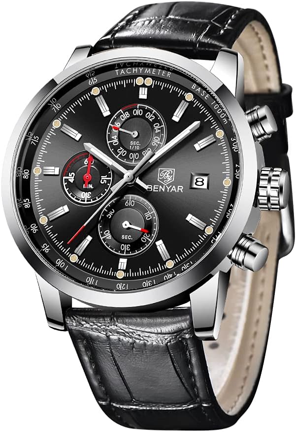 Mens Watch, BENYAR Sports Watches Men, Quartz Watch, Wrist Watch, Analog Chronograph Casual Leather Strap Watches for Men