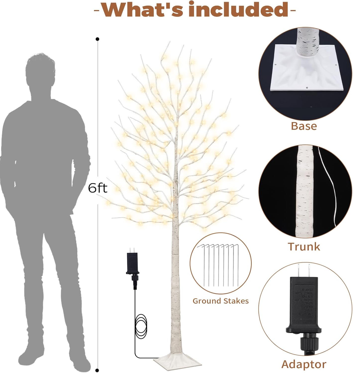 Set of 2 6 feet Lighted Birch Tree, 160 LED Warm White, for Home, Festival, Party, and Christmas Decoration, Indoor and Outdoor Use, 8 Functions