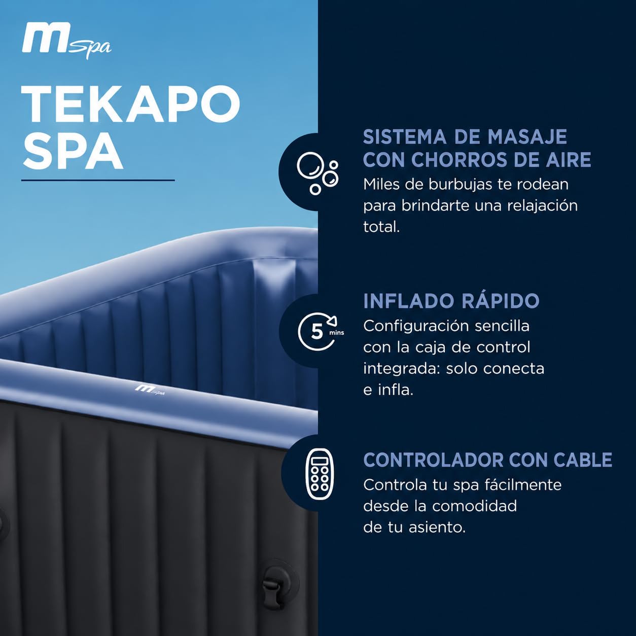 MSpa Tekapo SPA Hinchable Cuadrado 4 Personas con hidromasaje Air Jet, calefacción, filtración Inteligente, ozono y desinfección UVC