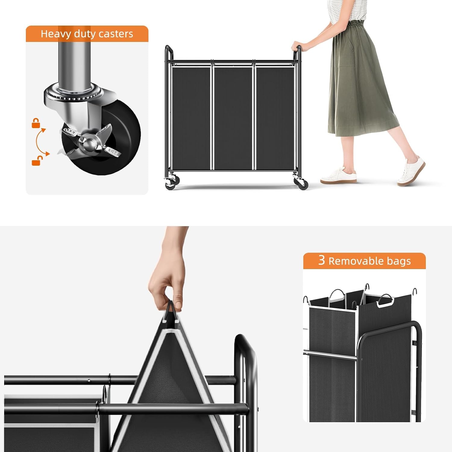 Close-up of heavy-duty casters and a hand removing a laundry bag from the frame