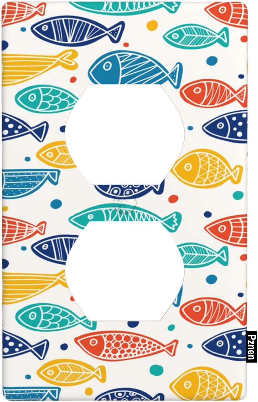 Tropical Fish Outlet Covers Colorful Group of Fish Cartoon Duplex Receptacle Wall Plate Standard 1-Gang Home Decorative Office