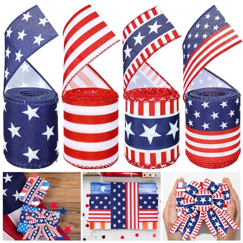 Whaline 4 Roll Patriotic Wired Edge Ribbon 4th of July Ribbon USA Flag Star Stripe Wrapping Ribbons for Independence Day 250th Anniversary Memorial Day Wreath Bow Crafts Decor 24 Yards 2.5 Inch