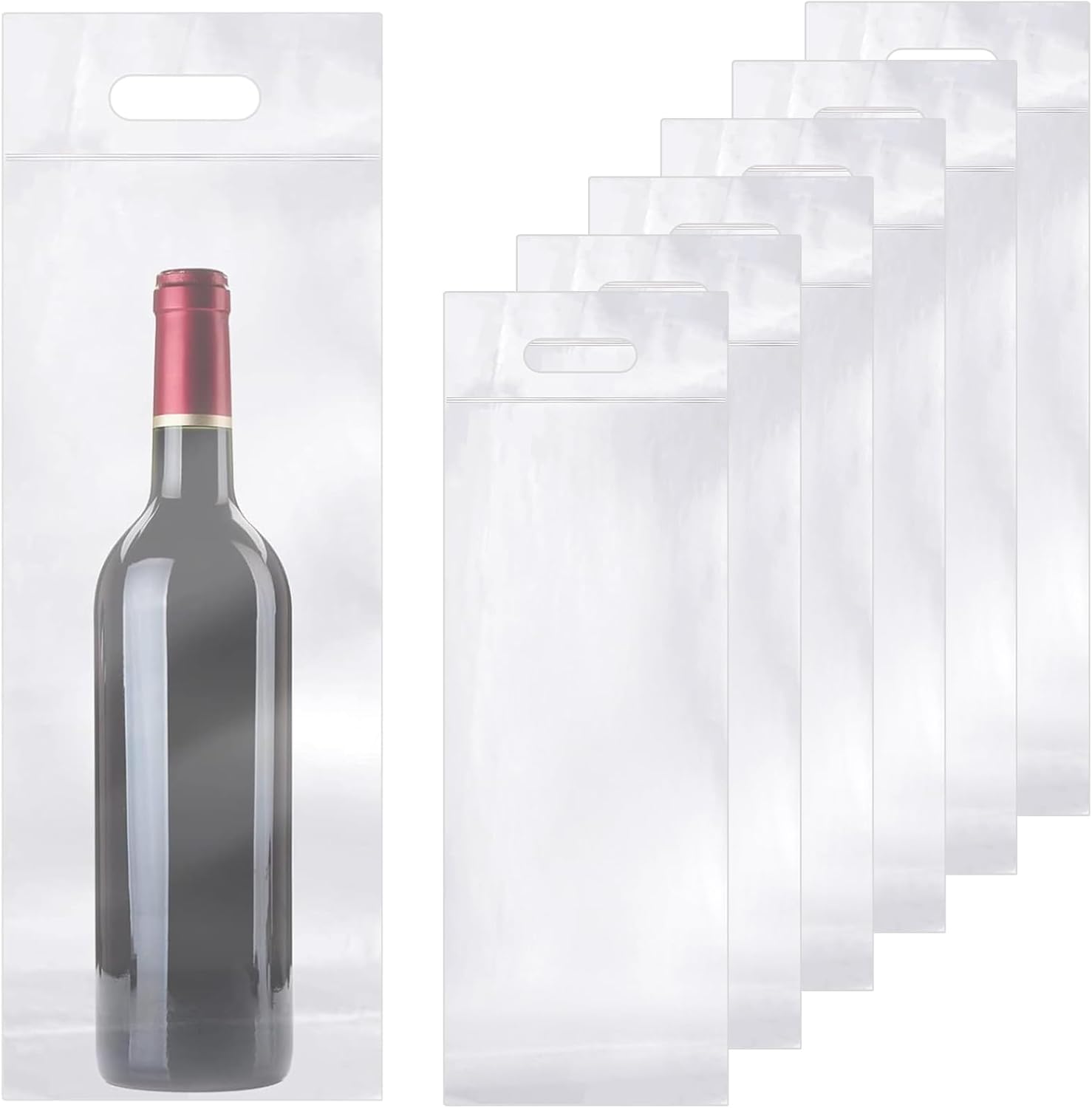 Gueevin 200pcs Wine to Go Bottle Bags with Handle, Carryout Adhesive Seal Tamper Proof Plastic Travel Wine Bags for Restaurant Bar Gift Wrapping Bag (Clear,18.1x6.3inch for 750ml Bottle)