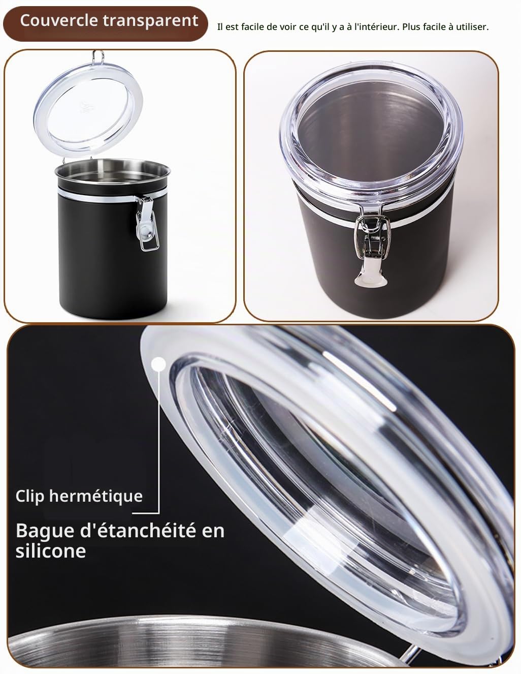 Walktosun Boîte à Café Hermétique, Conservation en Acier Inoxydable pour Grains de Café avec Couvercle Transparent Bocal Récipient Rangement Cuisine Alimentaires Stockage Thé (Lot de 2-1.8L - Noir)