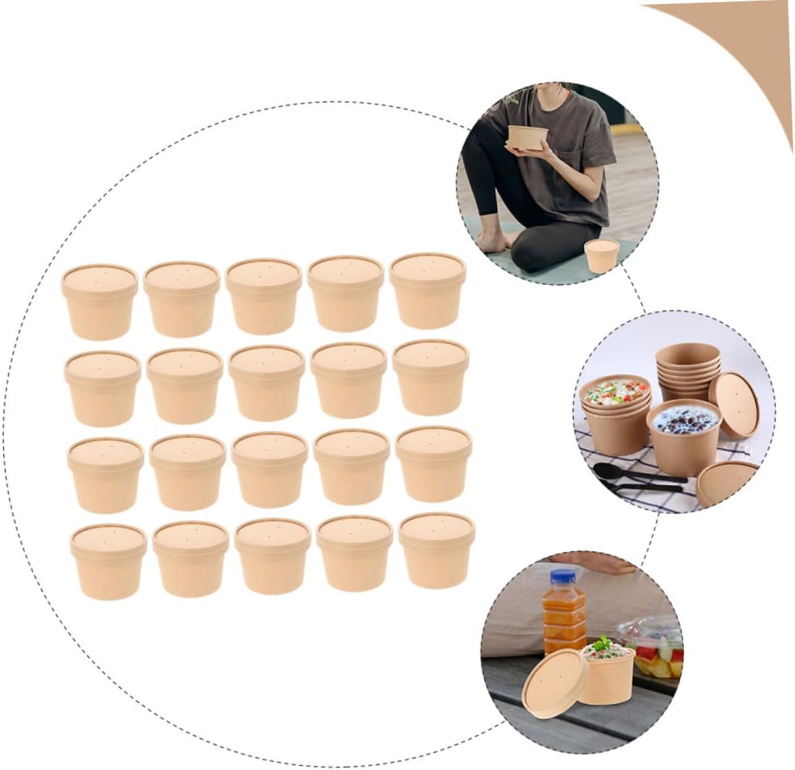 TOYANDONA 50pcs 8oz Kraft Paper Ice Cream Cups and Soup Bowls with Lids, Thickened Disposable Food Containers for Takeout, Freezer-safe Dessert and Pudding Storage Cups