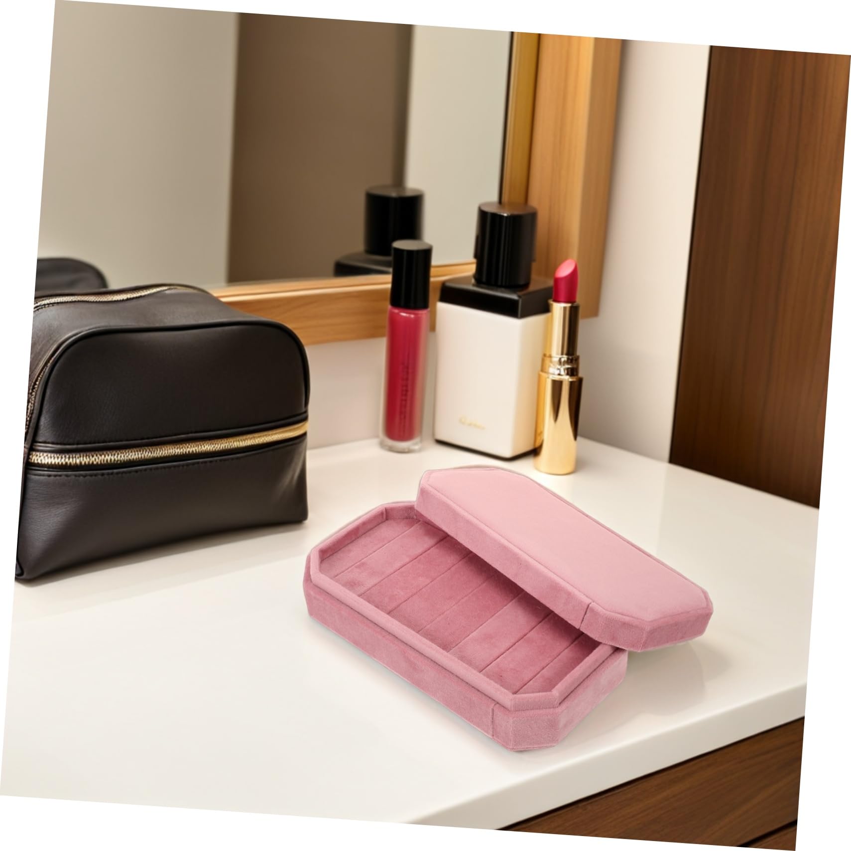 Gatuida Caja Pequeña para Joyas Rosa Organizador Octogonal de Terciopelo con Tapa Estuche Portátil para Almacenamiento y Protección de Anillos y Pendientes