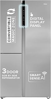 Haier SmartChoice 598L 3 Star 3-Door Side by Side Frost Free Refrigerator|Convertible|Smart Sense AI|Expert Inverter Compressor|Digital Display Panel (2025 Model, HRT-683ISU1, Inox Steel)