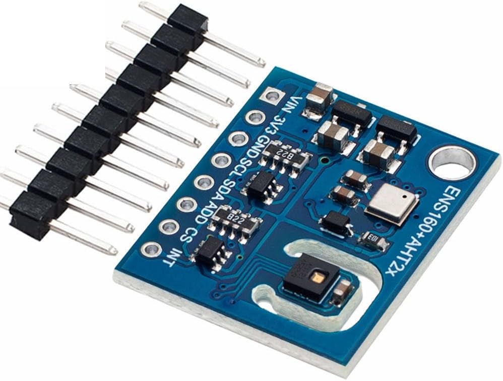 Top view of the ENS160+AHT21 sensor module with pin headers attached, ready for connection.