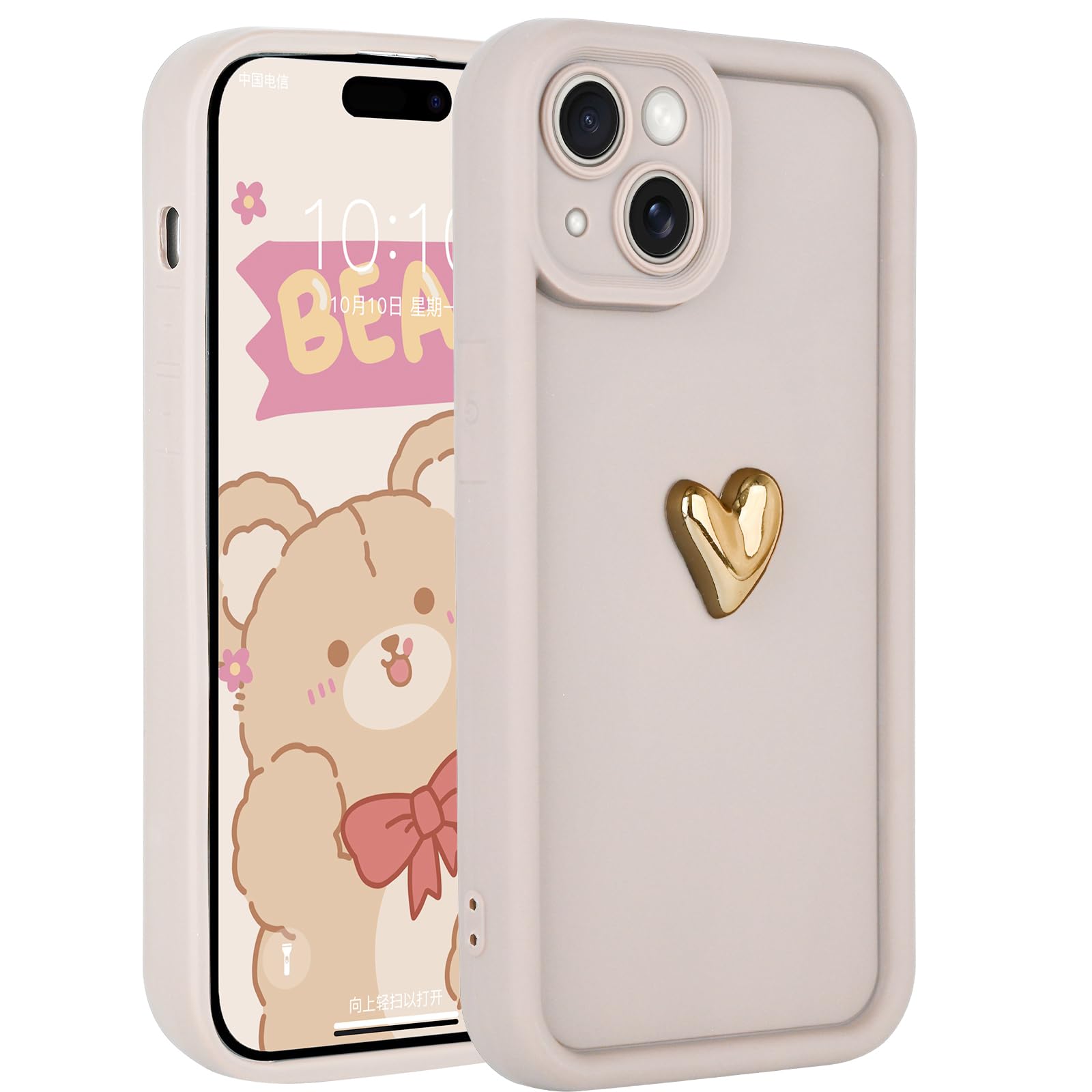 Aleviker Cases for iPhone 15 Cute 3D Golden Heart Design Soft Shockproof Slim Protective Silicone Phone Cover for Women Girls White