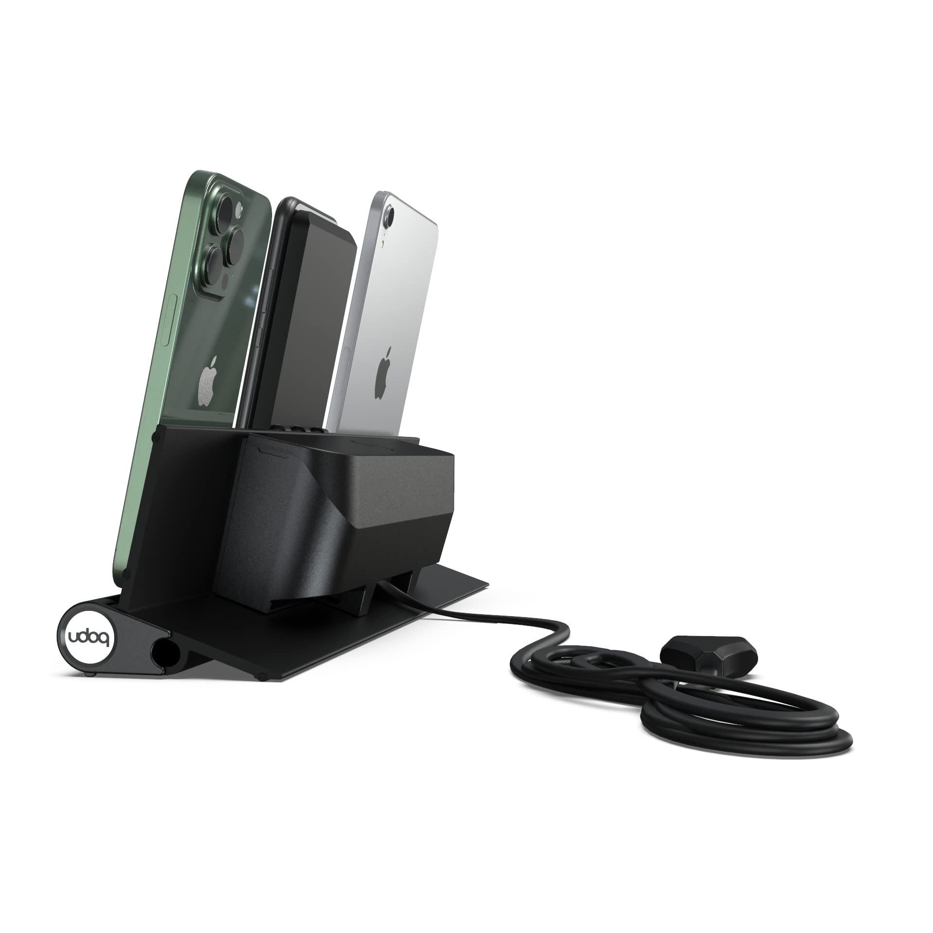 Stazione di ricarica universale per smartphone, tablet e AirPods, udoq 400, in alluminio, con alimentazione rapida e adattatore wireless (nero)