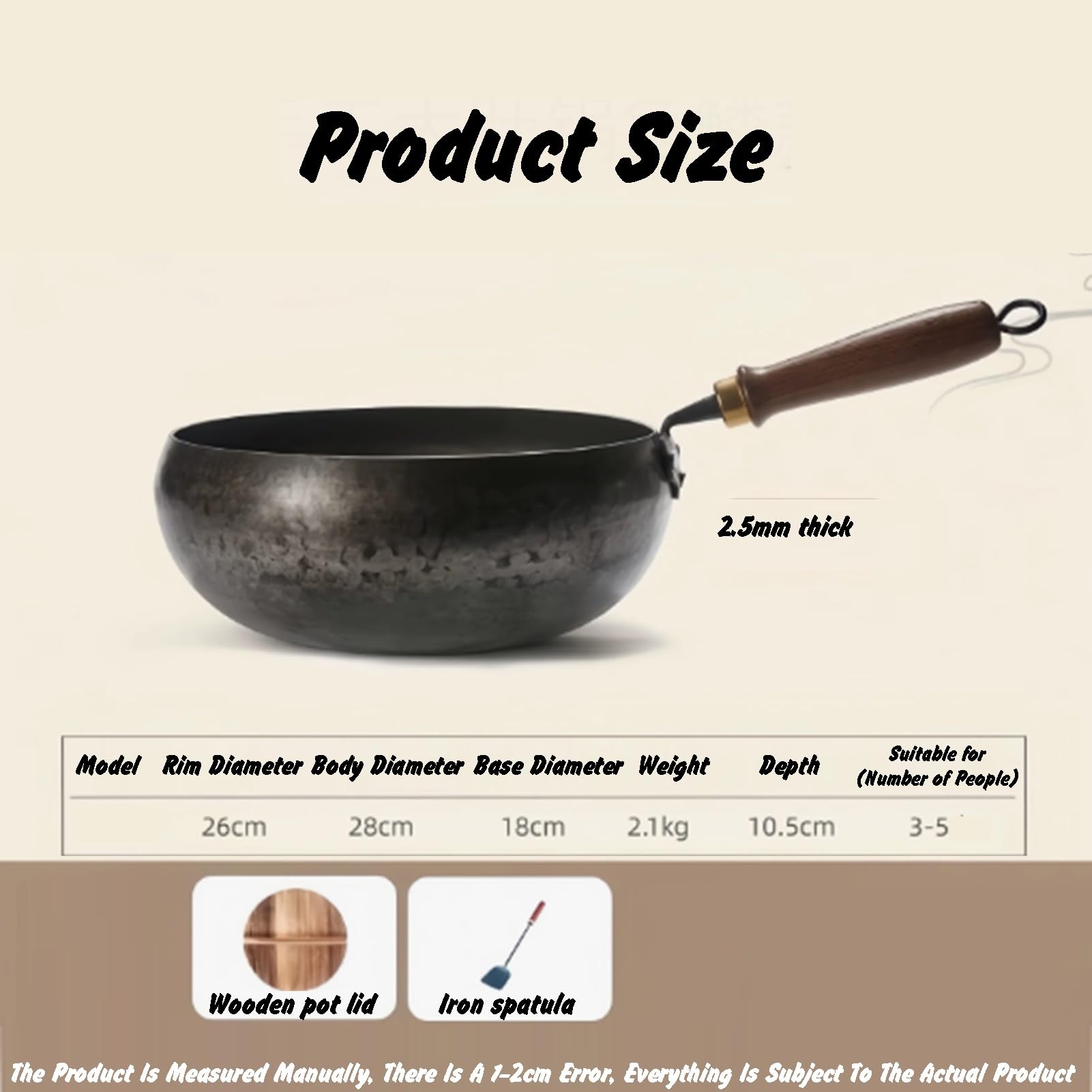 Generico Wok A Fondo Piatto In Ferro Con Coperchio In Legno, Grande In Acciaio Al Carbonio, Padella Multiuso A For Cibo Occidentale E Cinese(26cm)