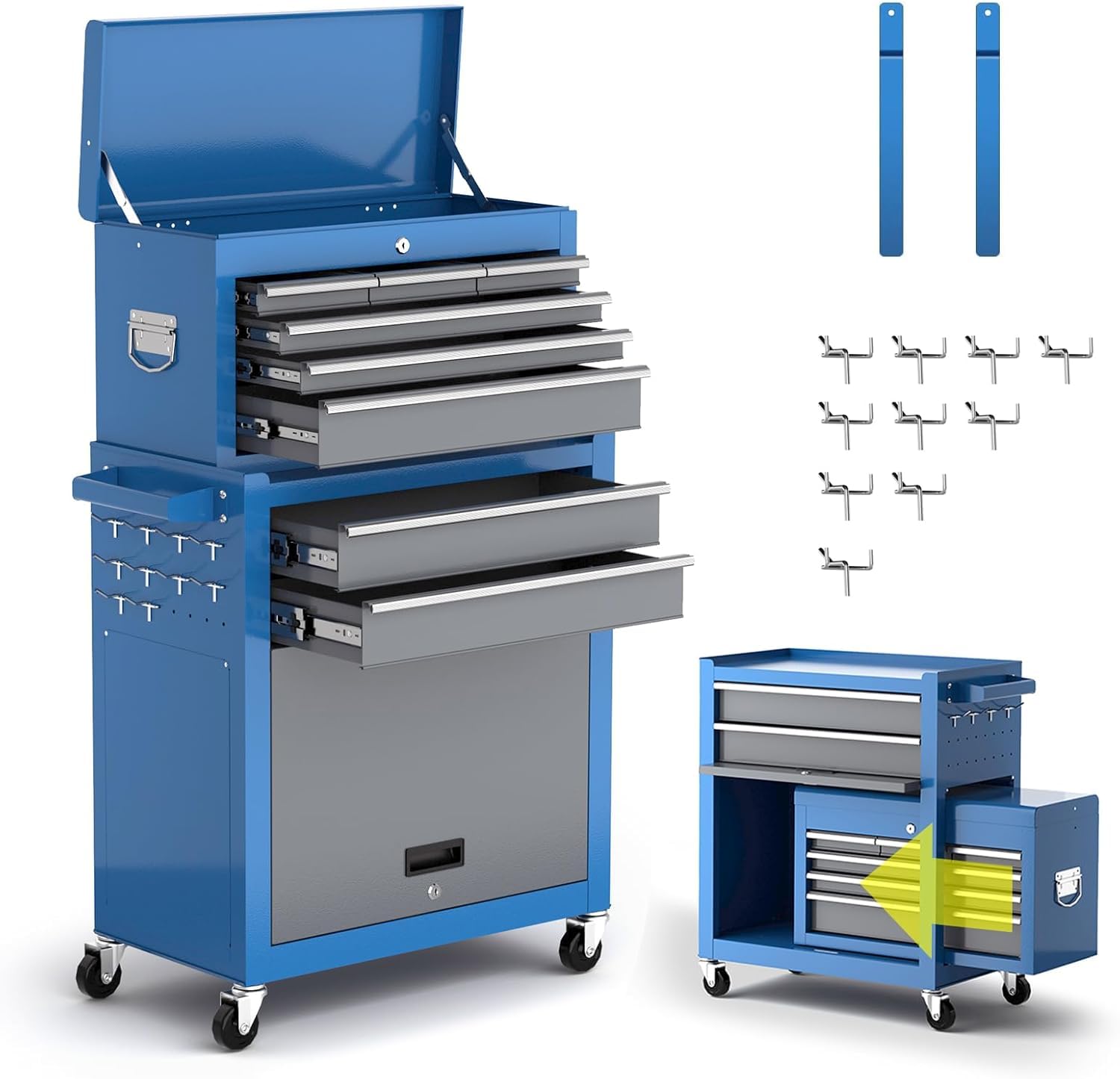 AIRAJ 8-Drawer Tool Chest, 2-in-1 Detachable Tool Cabinet Set, Castor-Mounted Tool Cabinet with 10 Hooks and Side Handle, 250kg Load Capacity, Suitable for Garages and Workshop Rooms.