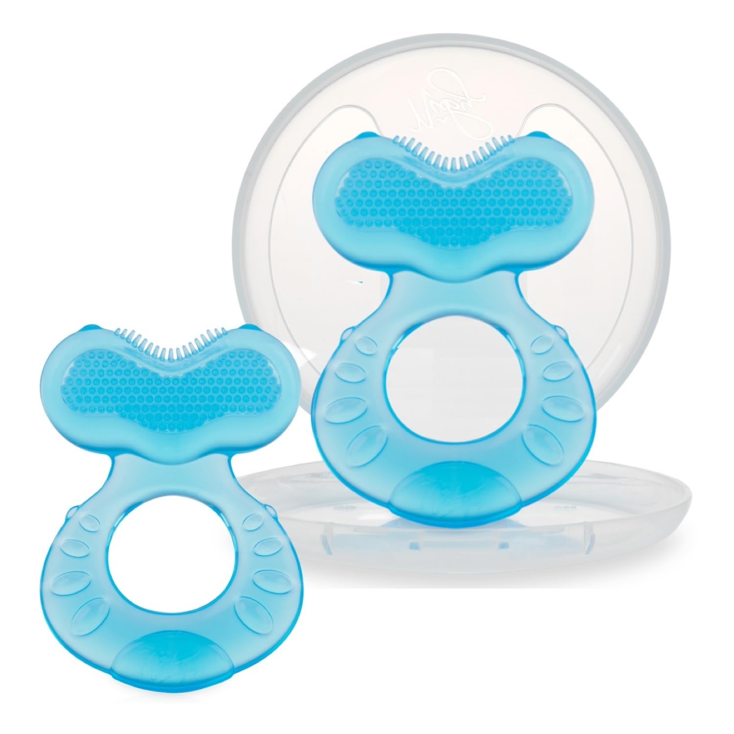 Nuby Soft Silicone Teether with Massaging Bristles | 2 Pack: Blue | 3m + | Travel Case Included