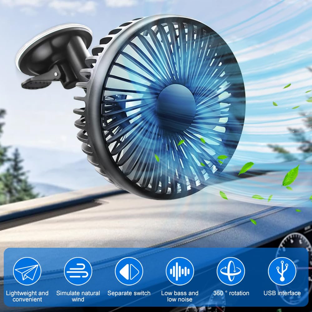 Ventilatore Auto USB, Portatile Ventilatore 360° Ruotabile con Ventosa, 3 Velocità Ventilatori USB Da Tavolo Silenzioso per Cruscotto Auto, Finestra Casa