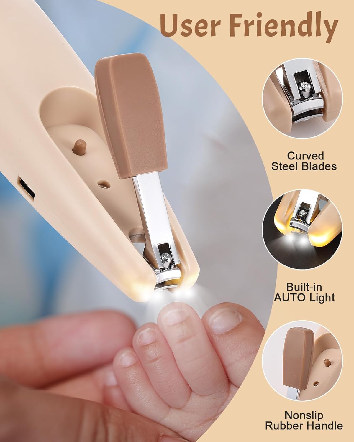 Lictin Baby Nagelfeile Elektrisch, Elektrische Nagelfeile mit 6 Schleifkopf, 26 in 1 Baby Nagelset mit LED Licht, Nagelpflegeset Elektrisch für Babys, Kleinkind, Erwachsene, USB Laden, Braun