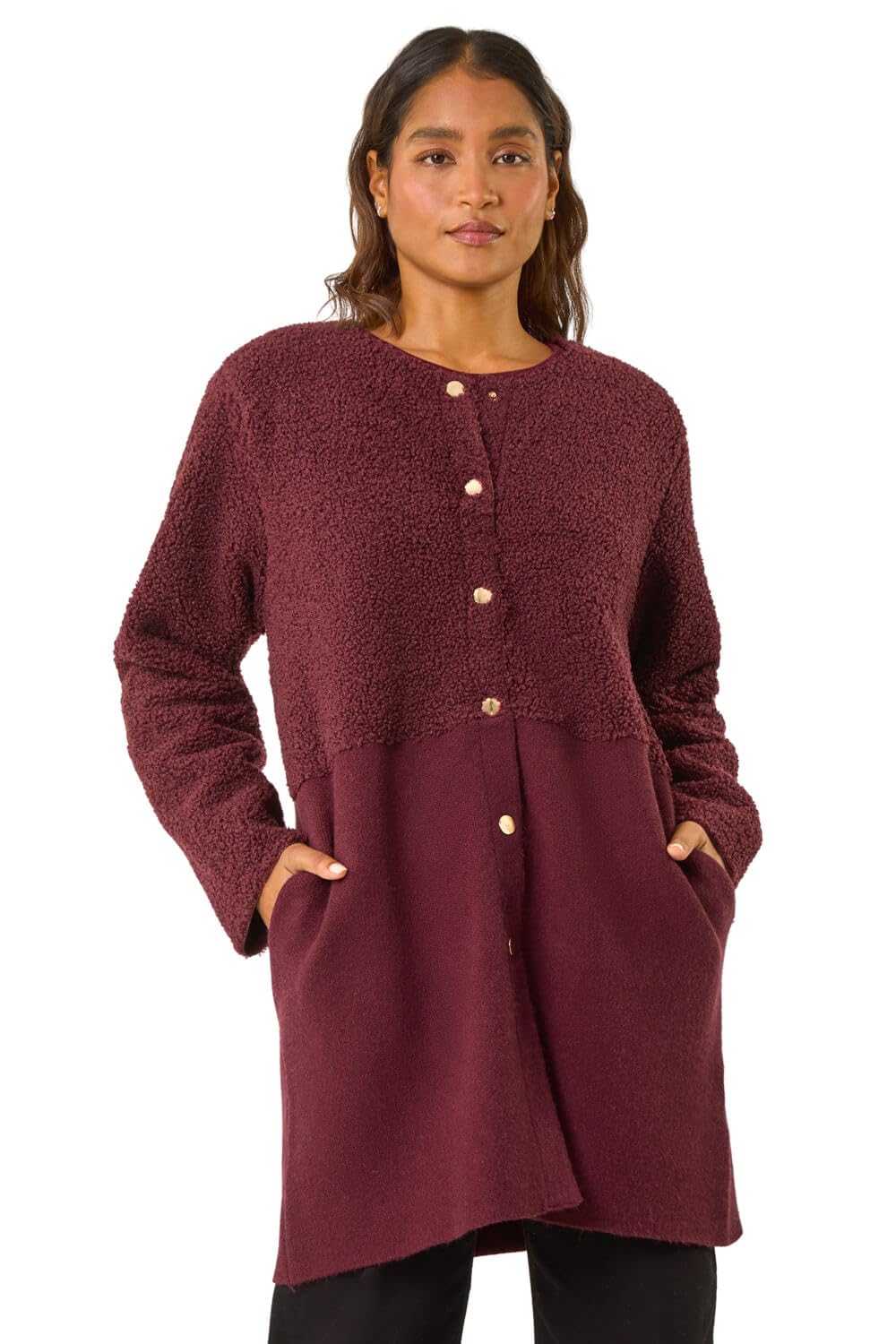 Roman Women's Wine Collarless Contrast Button Knit Jacket Size 16