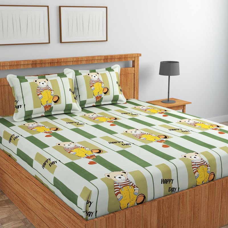 Image of NHD HOME Premium Cotton Flat Double Bedsheets with 2 King Size Pillow Covers | Double Bed Breathable | Wrinklefree | Ultrasoft 220 tc Supersoft Floral | 90x90 Inches, Cartoon Green