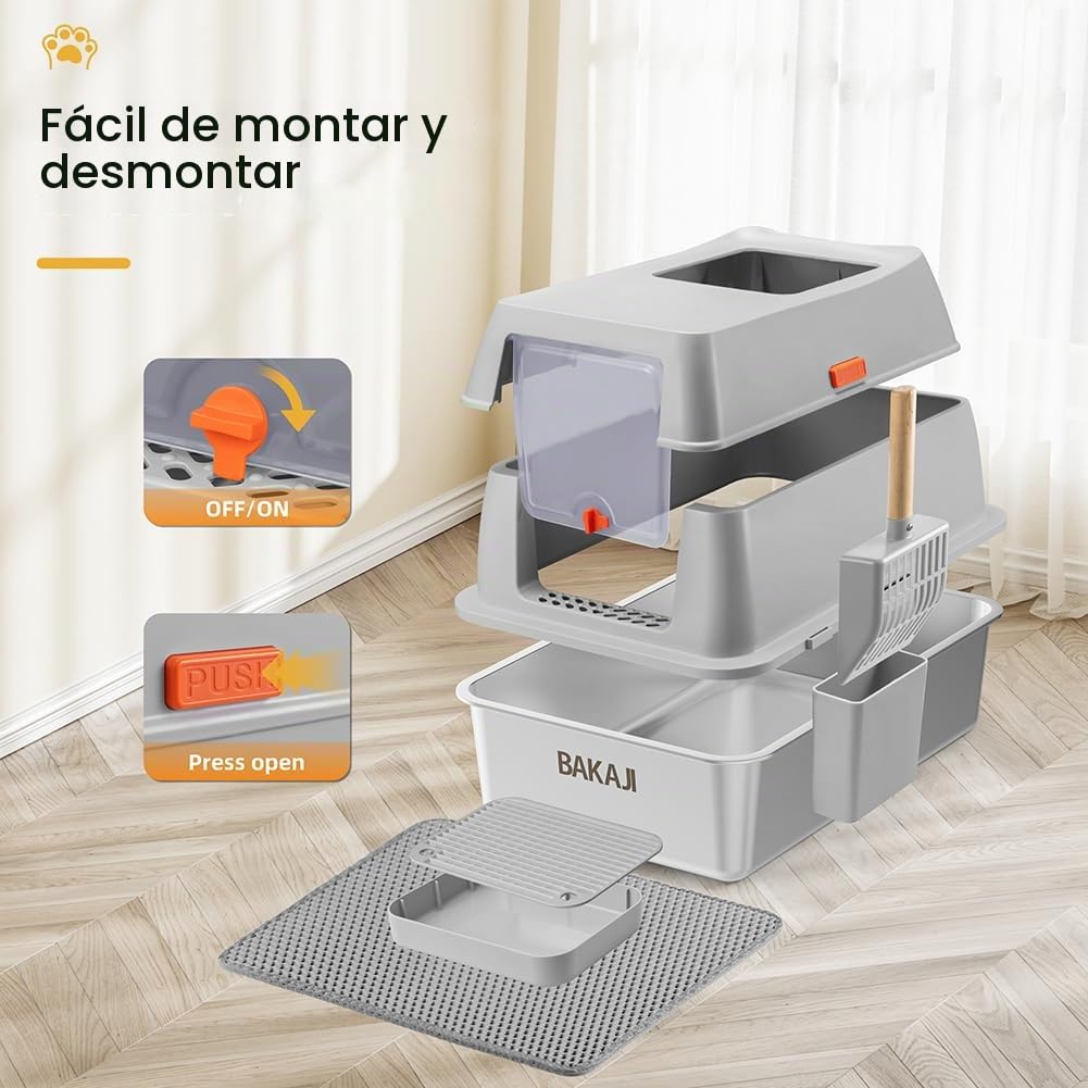BAKAJI Arenero para Gatos XXL con Base de Acero Inoxidable de 35 litros y Puerta Transparente bloqueable, Plataforma Anti Arena, Pala con Recipiente y Alfombrilla antisuciedad, 40 x 60 x 39 cm