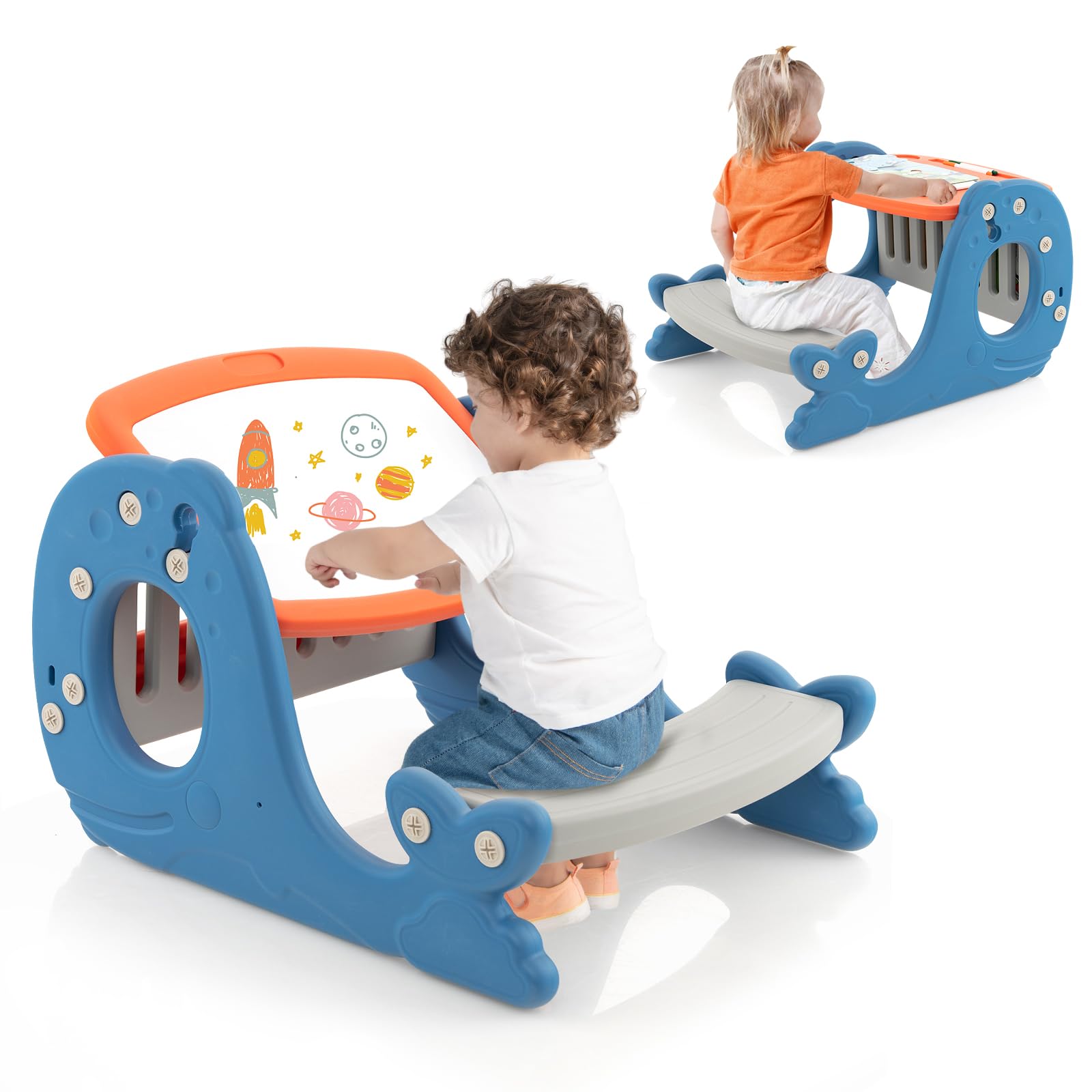 COSTWAY 4 en 1 Table Enfants en Forme Baleine avec Plateau Double Face
