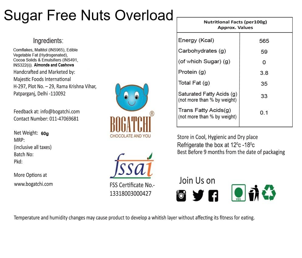 Image of BOGATCHI Nuts Overloaded Sugar Free Rich Dark Chocolate bar 80gm